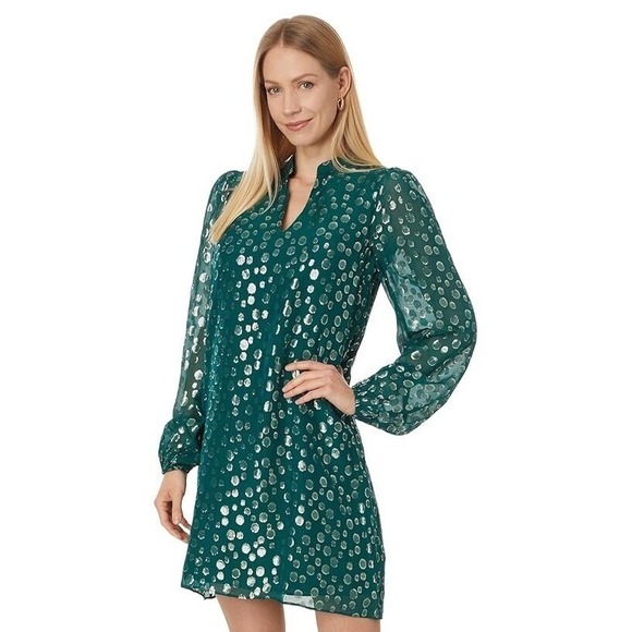 Lilly Pulitzer Auralyn Dress Silk Green Silver Metallic Dot Long Sleeve Size 8 - Picture 1 of 10